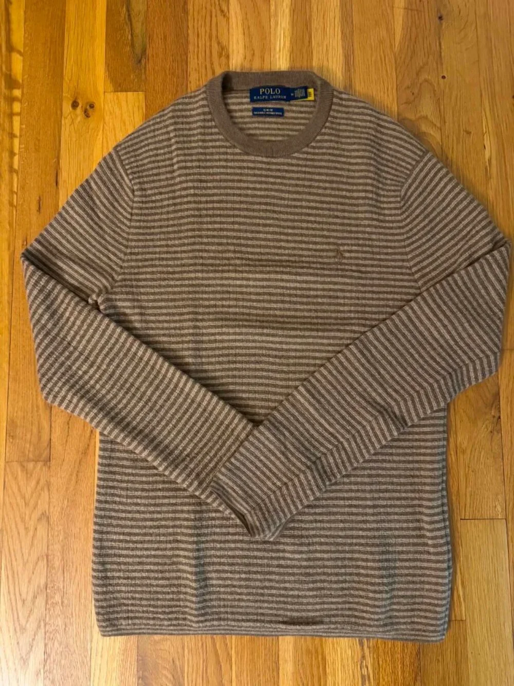 Polo Ralph Lauren Men’s Slim Camel Striped Merino Wool Crewneck Sweater Medium